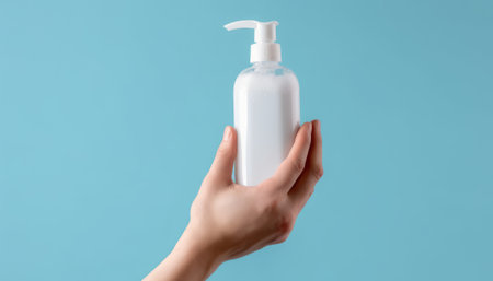 White plastic bottle with liquid soap in female hand on blue background.の素材