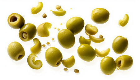 Green olives isolated on white background. Top view. Flat lay.の素材