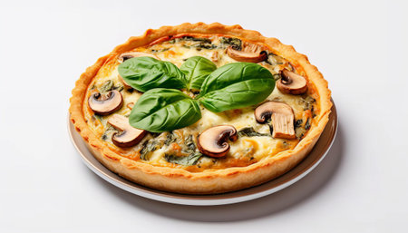 Quiche with Spinach, Mushrooms and Cheese on White Backgroundの素材