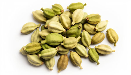 Cardamom pods isolated on white background. Cardamom is a spice used in cooking.の素材