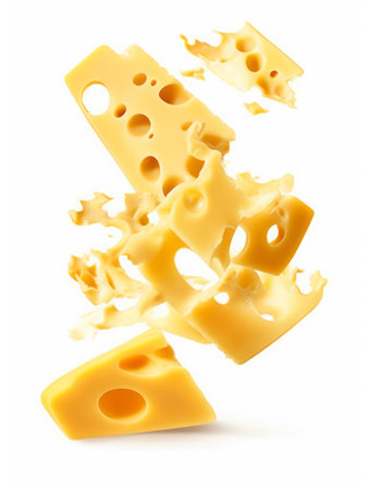 Pieces of cheese falling in the air isolated on white background.の素材