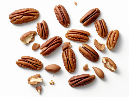 Pecan nuts isolated on white background. Top view. Flat layの素材