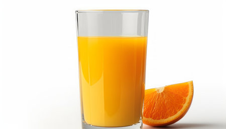 Glass of orange juice and slice of orange isolated on white background.の素材