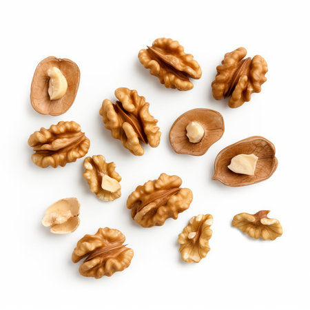 Walnut kernels and whole walnuts isolated on white background, top viewの素材