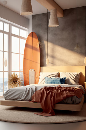 Interior of modern bedroom with brown walls, concrete floor, comfortable king size bed with brown linen and wooden lamp. 3d renderingの素材
