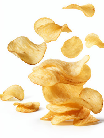 Potato chips flying on white background. Close-up image.の素材