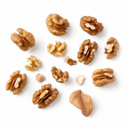 Walnuts isolated on white background. Top view. Flat lay.の素材