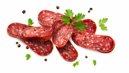 Salami sausage slices isolated on white background. Top view. Flat lay.の素材