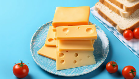 Slices of cheese and tomatoes on blue table, closeupの素材