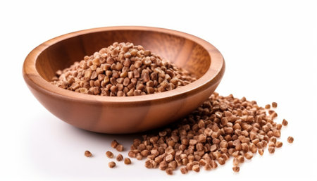 Buckwheat groats in wooden bowl isolated on white backgroundの素材