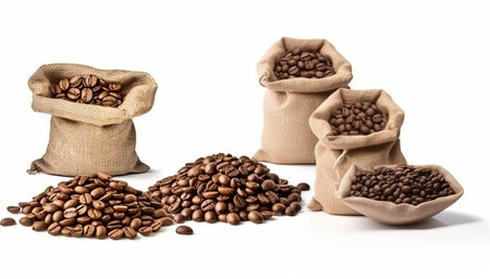 Coffee beans in burlap bags isolated on white background.の素材