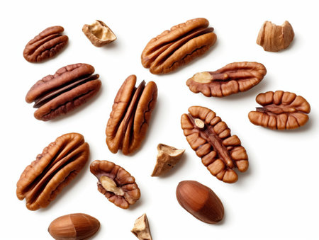 Pecan nuts isolated on white background. Top view. Flat lay patternの素材