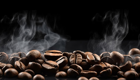 Coffee beans on a black background with smoke and steam.の素材
