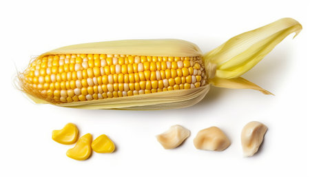 Fresh corn isolated on white background. Top view. Flat lay.の素材