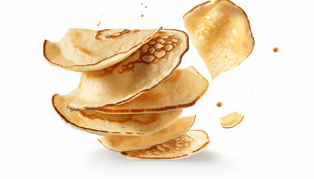 Pancakes falling into the air, isolated on a white backgroundの素材