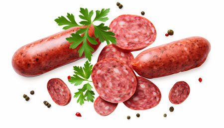 salami sausage slices and parsley leaves isolated on white background. Top view. Flat lay.の素材
