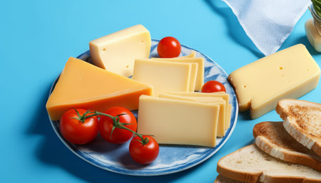 Plate with tasty cheese and tomatoes on color background, closeupの素材