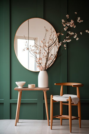 Interior of modern living room with green walls, tiled floor, round mirror and wooden table with white chairs. 3d renderの素材