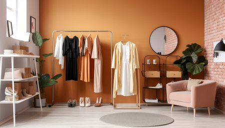 Modern interior of room with wardrobe, armchair and clothes on hangersの素材