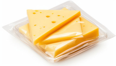 Slices of cheese in plastic tray isolated on white background.の素材