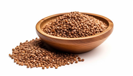 Buckwheat groats in wooden bowl isolated on white backgroundの素材