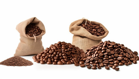 Coffee beans in burlap bags isolated on white background.の素材