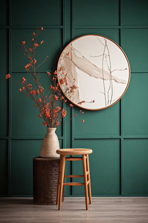 Vase with autumn flowers and round mirror on turquoise wallの素材