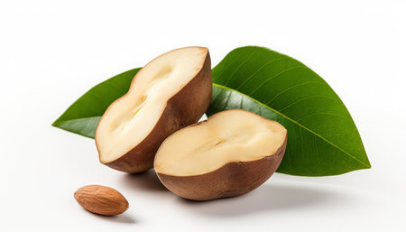 Raw almonds with green leaves isolated on white background. Close up.の素材