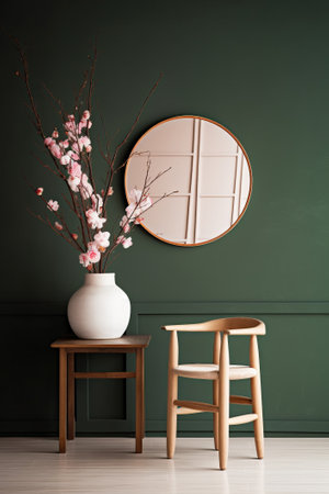 Vase with cherry blossom flowers on wooden stool near green wallの素材
