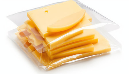 Slices of cheese in plastic bag isolated on white background.の素材