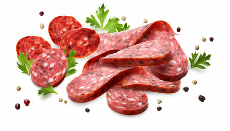 Slices of salami with parsley and peppercorns isolated on white backgroundの素材