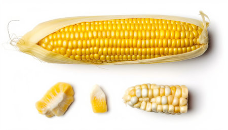 Corn on a white background, close-up, top view.の素材