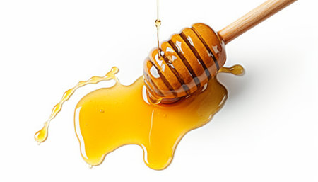 Honey dripping from a wooden honey dipper isolated on white backgroundの素材