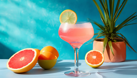 Pink cocktail with lemon and grapefruit on blue background. Summer conceptの素材