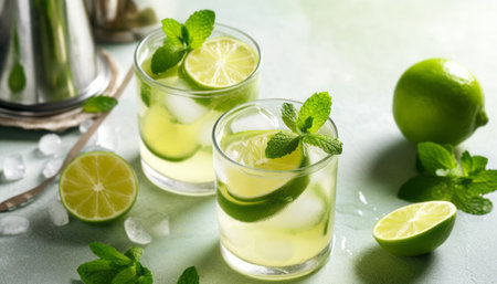 Refreshing mojito cocktail with lime, mint and ice on light backgroundの素材