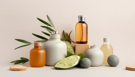 Mockup of natural cosmetic products with green leaves on beige backgroundの素材