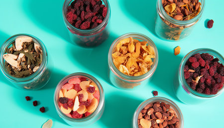 Healthy breakfast in glass jars on turquoise background. Top viewの素材