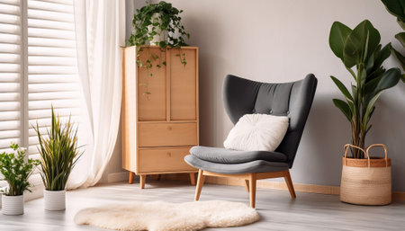 Stylish living room interior with armchair and plants. Interior designの素材