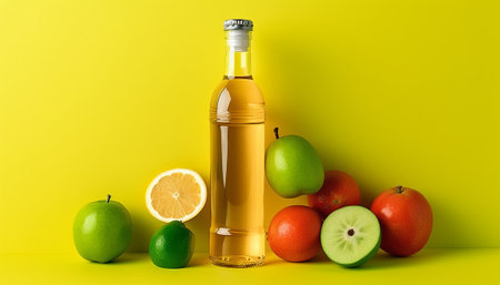 Bottle of apple vinegar and fresh fruits on yellow background, copy spaceの素材