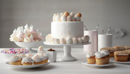 Delicious birthday cake with cupcakes on white table, closeupの素材