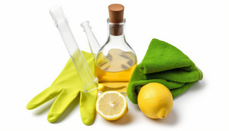 Lemon, olive oil, lemon and gloves on a white backgroundの素材