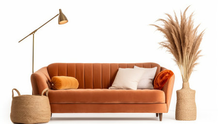 Modern brown sofa with pillows and a lamp on a white backgroundの素材