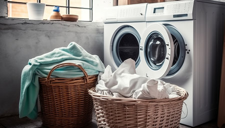 Washing machine and basket with dirty clothes in laundry room at homeの素材