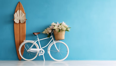 Bicycle with a basket of flowers on a blue wall background.の素材