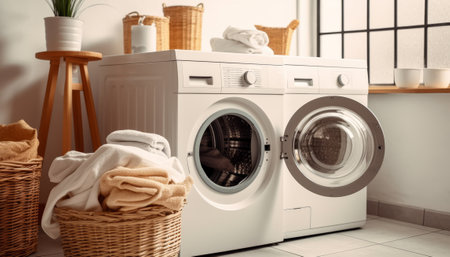 Washing machine and basket with towels on tiled floor in bathroomの素材
