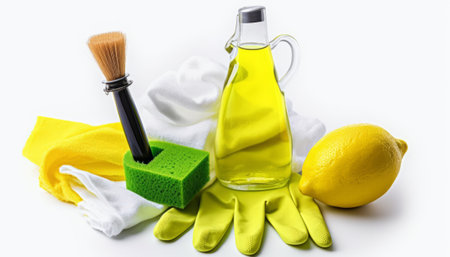 Cleaning products on a white background. Detergents, sponges and lemon.の素材