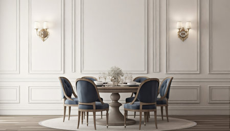 Classic dining room interior with round table and chairs. 3d renderの素材