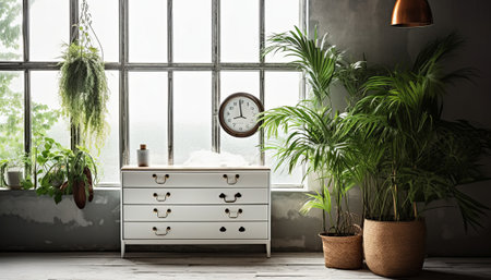 Interior of a living room with a large window, plants and a clockの素材
