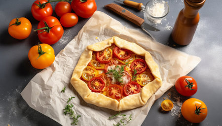 Tasty fresh pizza with tomatoes and cheese on table, closeupの素材
