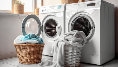 Washing machine and basket with clean towels on floor in laundry roomの素材